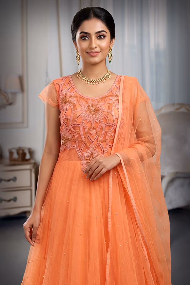 Peach Floral Embroidered Designer Net Gown with Dupatta — rent in Coimbatore