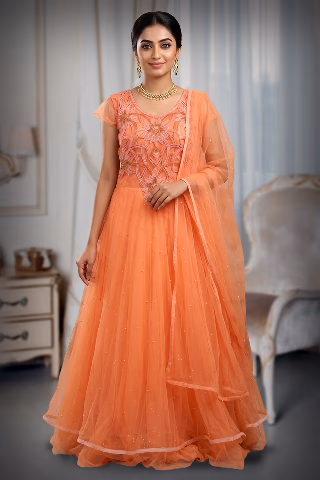 Peach Floral Embroidered Designer Net Gown with Dupatta — back view, rent in Coimbatore