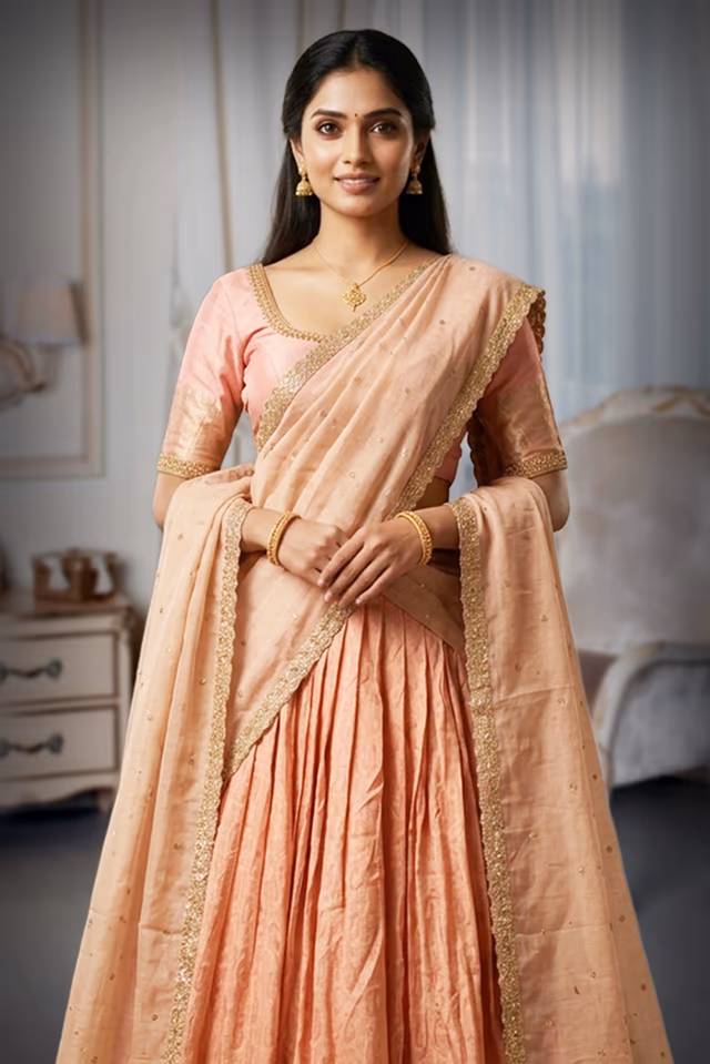 Peach Half Saree with Elegant Golden Border and Matching Dupatta — rent in Bangalore