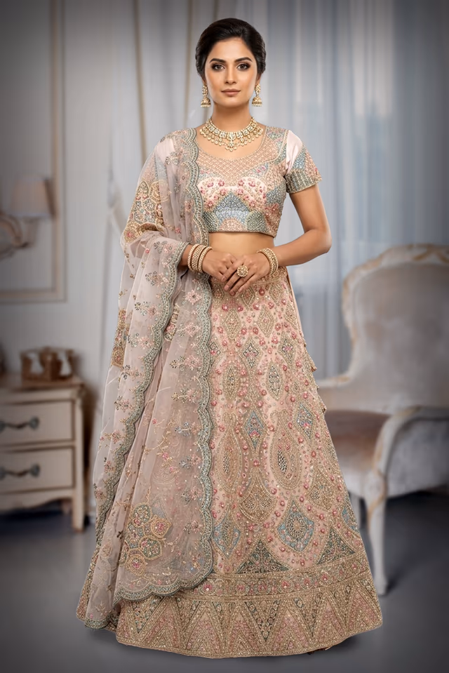 Peach Lehenga with Multicolour Traditional Peacock Embroidery and Elegant Ethnic Work — back view, rent in Bangalore