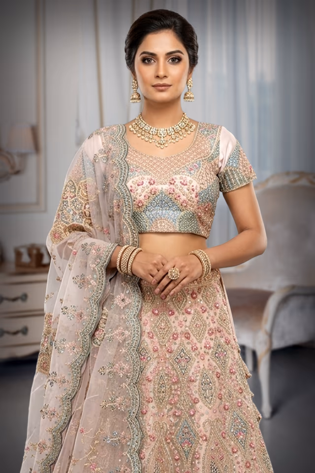Peach Lehenga with Multicolour Traditional Peacock Embroidery and Elegant Ethnic Work — rent in Bangalore
