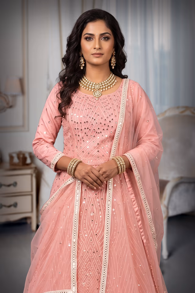 Peach Pink Embroidered Gown with Dupatta — rent in Coimbatore