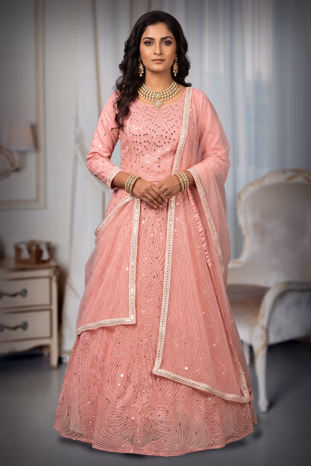 Peach Pink Embroidered Gown with Dupatta — back view, rent in Coimbatore