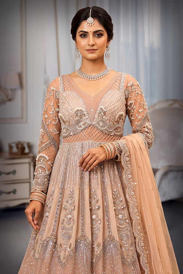 Peach Rose Gold Embroidered Bridal Anarkali Gown — rent in Coimbatore