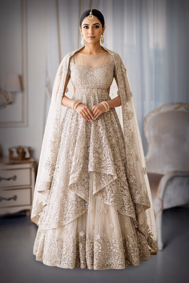 Peach Sharara Lehenga with Heavy Sugar Bead Leaf Embroidery and Tassel Dupatta — back view, rent in Bangalore