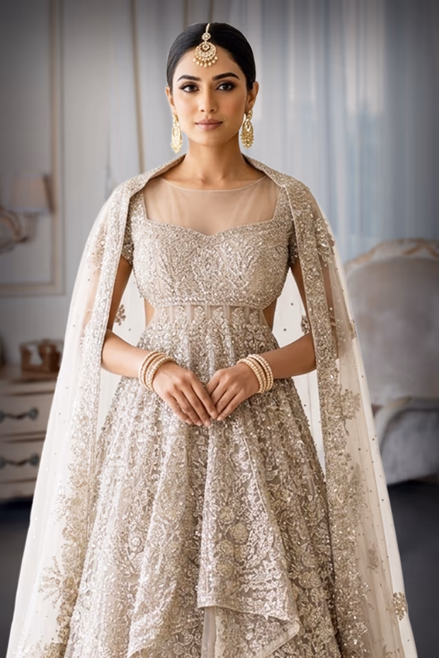Peach Sharara Lehenga with Heavy Sugar Bead Leaf Embroidery and Tassel Dupatta — rent in Bangalore