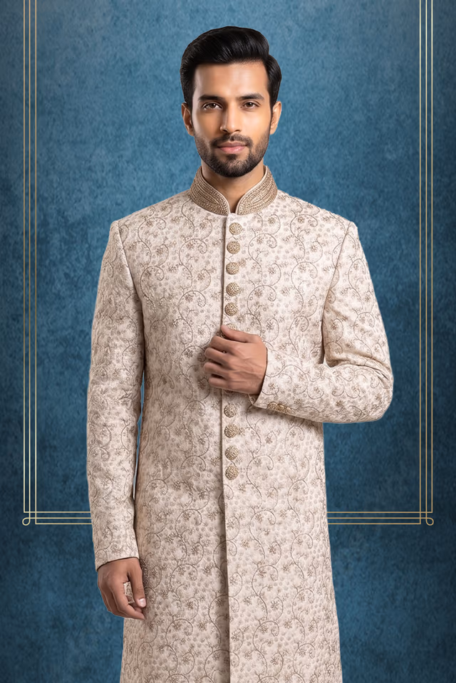 Peachish sherwani — back view, rent in Bangalore