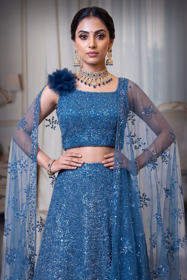 Peakcock Wedding Lehenga With Intricate Thread Work Details Along With Same Color Dupatta — rent in Kochi