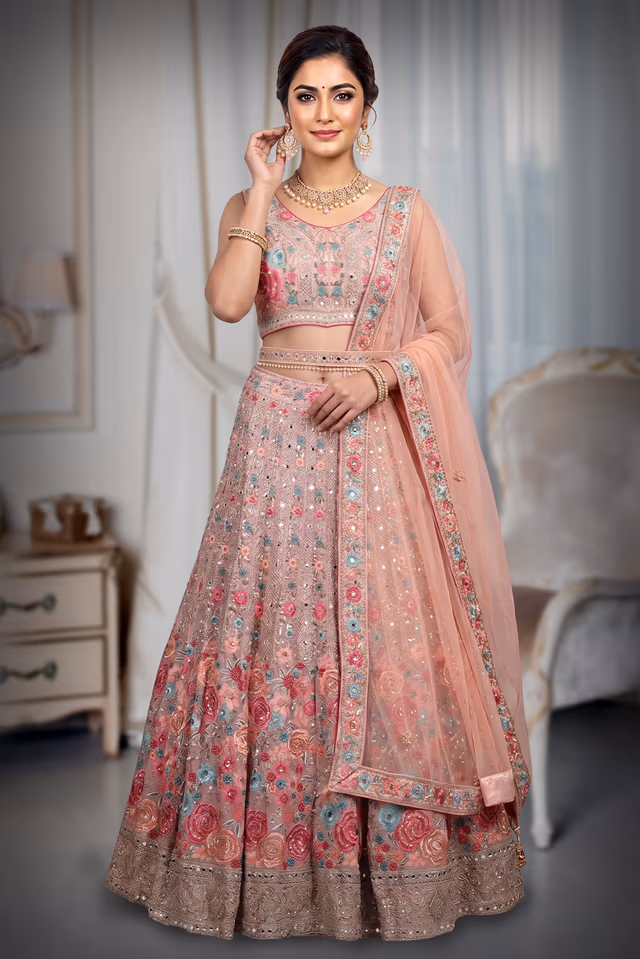 Pink Georgette Lehenga With Heavy Floral Embellishment And Sequin Work That Comes With A… — back view, rent in Coimbatore