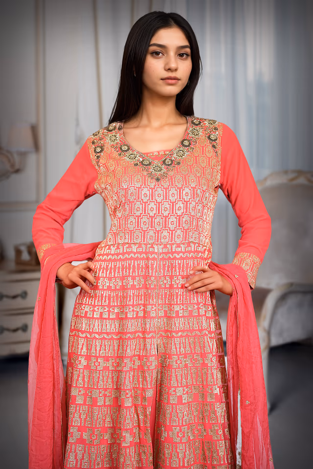 Coral Pink With Gold Accents Anarkali Gown — rent in Bangalore