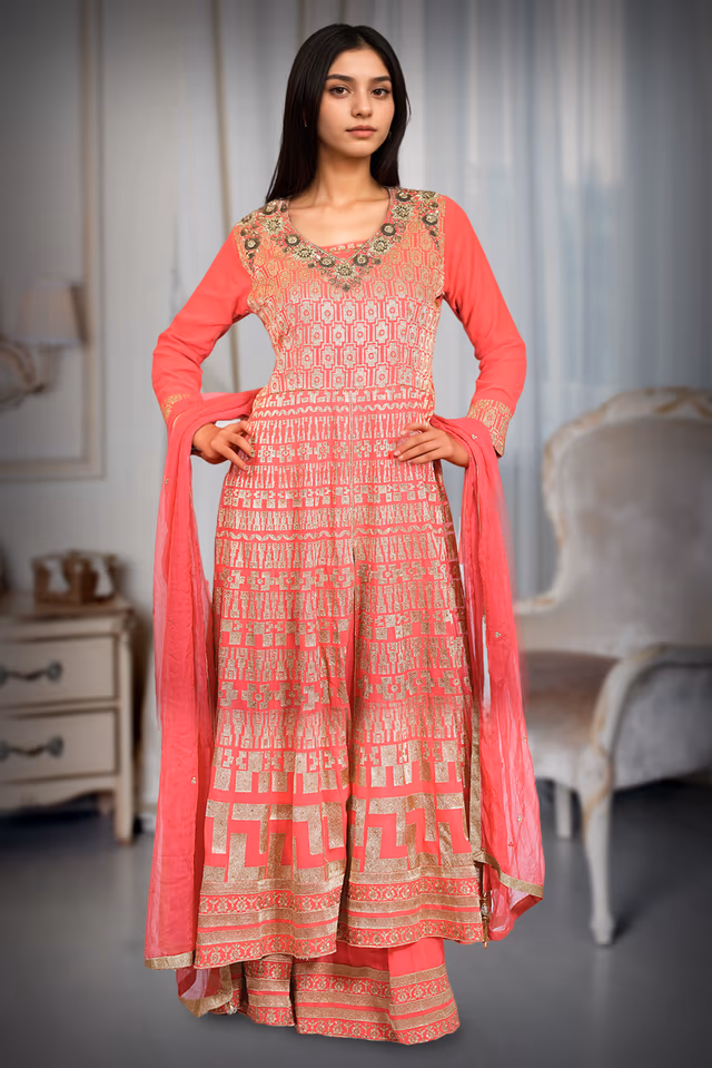 Coral Pink With Gold Accents Anarkali Gown — back view, rent in Bangalore