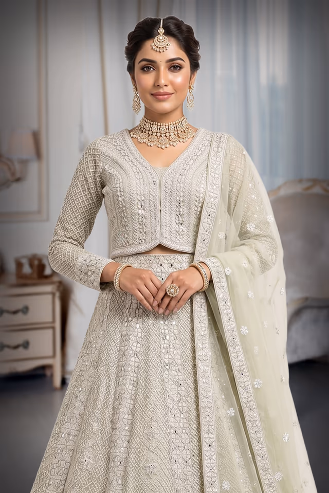 Pista Green Lehenga with Intricate Mirror Work and Pearl Embellishments — rent in Bangalore