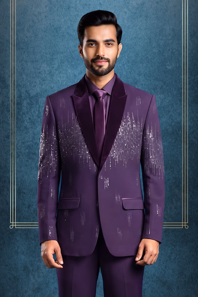 Plum Purple Shimmer Designer Tuxedo — back view, rent in Coimbatore