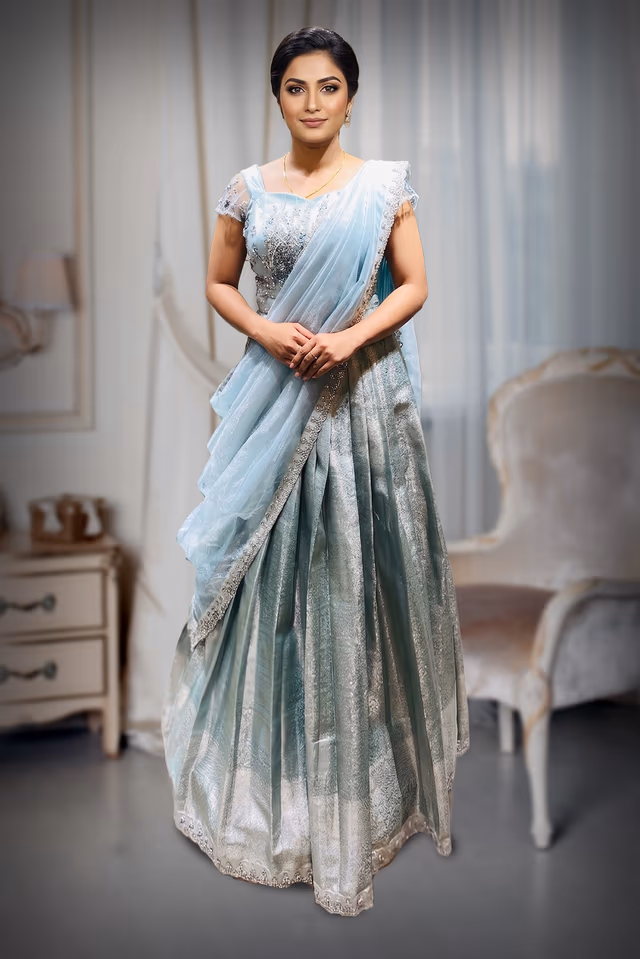 Powder Blue and Mint Green Indo-Western Lehenga  with Metallic Border and Zardosi Blouse — back view, rent in Ernakulam