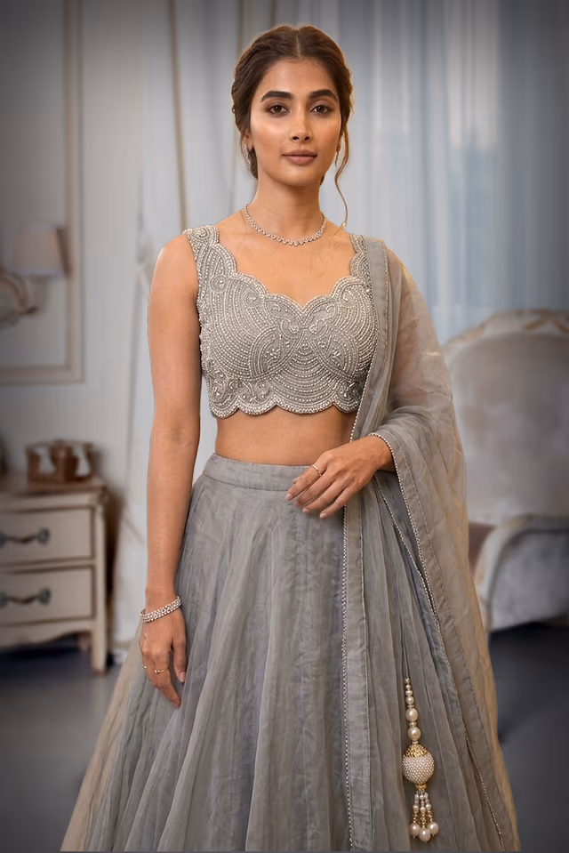 Dark Grey Pre Wedding Lehenga With Exquisite Stoneworked Crop Top Along With Same Color Dupatta — rent in Kochi