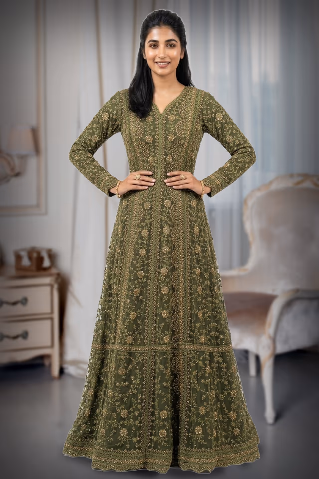 Deep Olive Green Heavily Embellished Floor-Length Anarkali Gown — back view, rent in Kochi