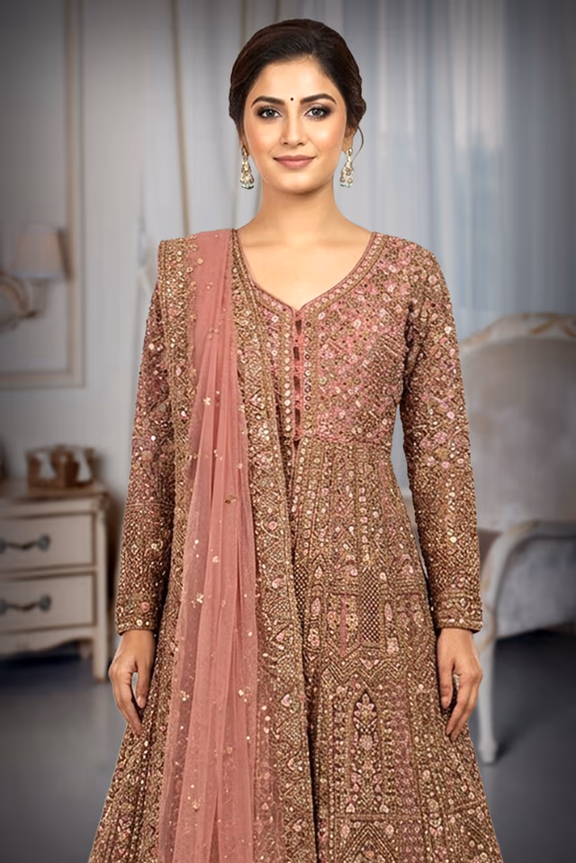 An Exquisite Floor Length Gown In Dusty Rose Featuring All Over Intricate Hand Embroidery Mirror Work And… — rent in Calicut