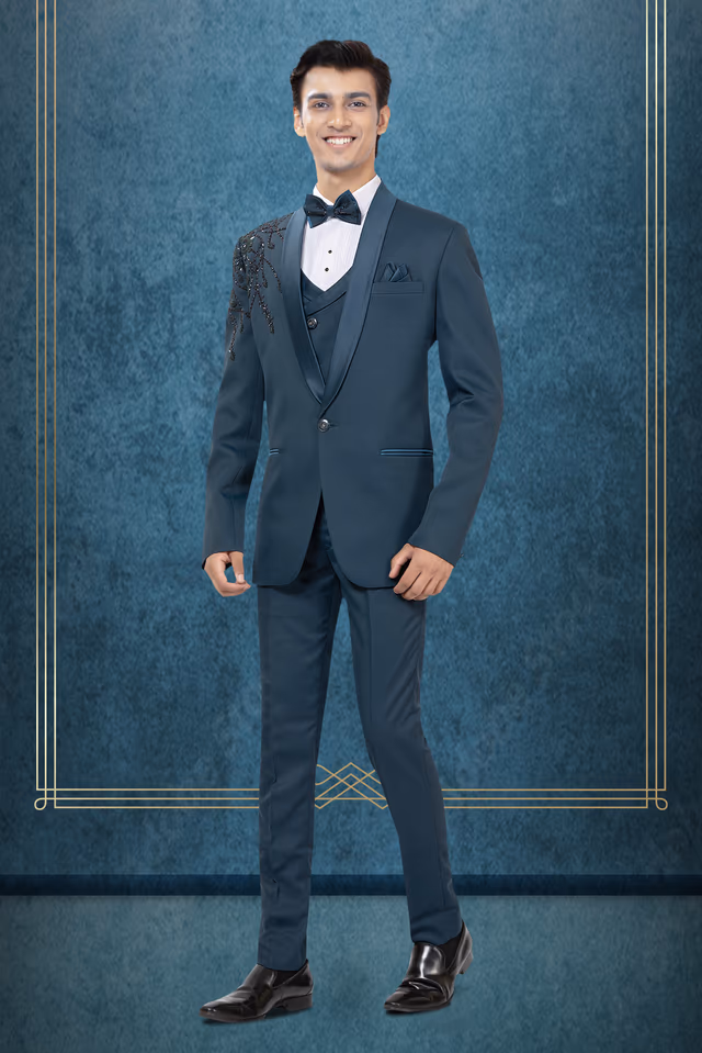 Prussian Blue Handworked Designer Tuxedo In 3 pc Set — back view, rent in Coimbatore