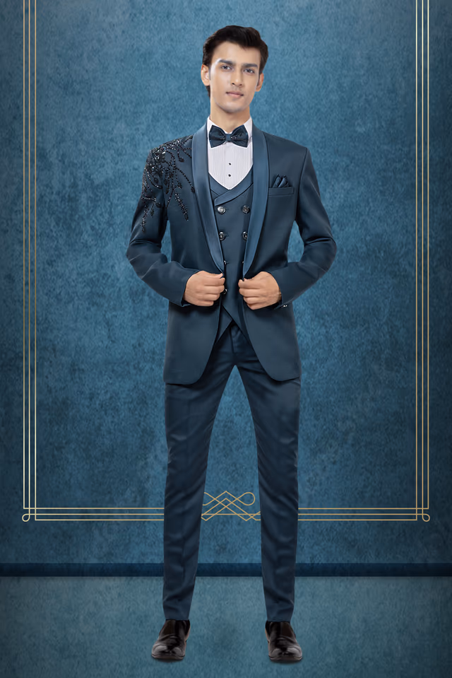 Prussian Blue Handworked Designer Tuxedo In 3 pc Set — rent in Coimbatore