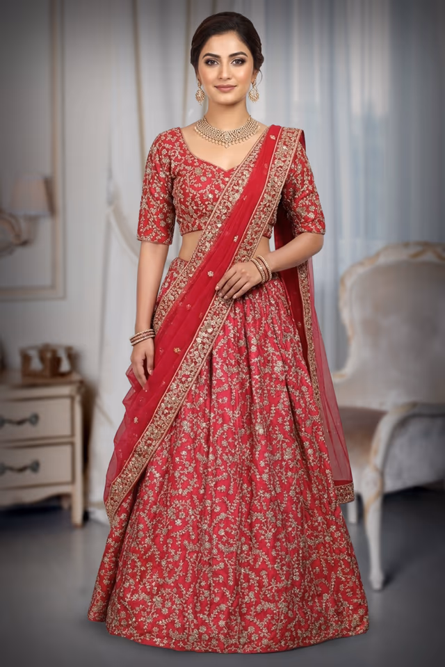 Rani Pink Barfi Silk Sequince Worked Lehenga With Same Colour Blouse And Dupatta — back view, rent in Coimbatore