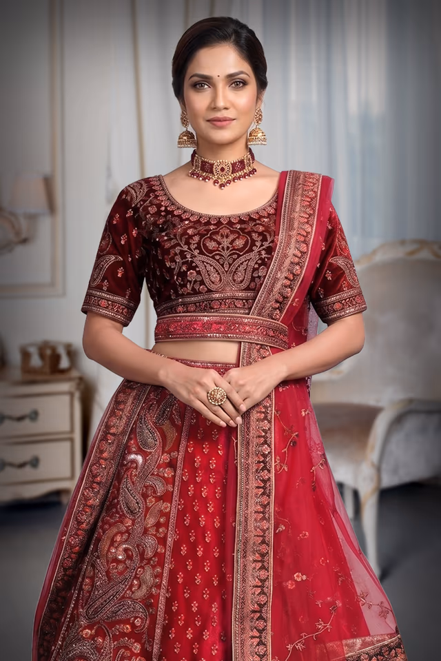 Rani Pink Colour Heavy Embroidery Jarkan Work  Velvet Lehenga — rent in Coimbatore