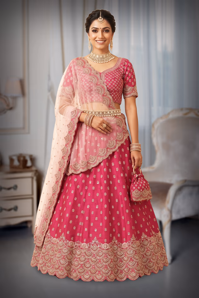 Rani Pink Lehenga with Silver Thread Work and Scalloped Hem — back view, rent in Bangalore