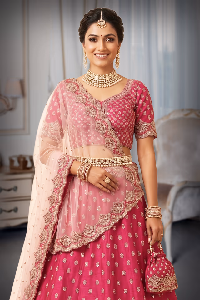Rani Pink Lehenga with Silver Thread Work and Scalloped Hem — rent in Bangalore