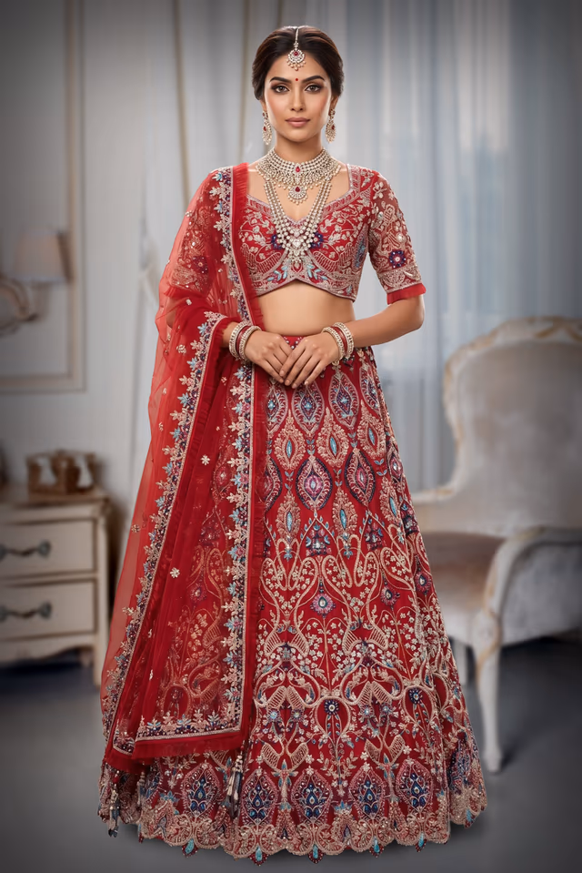 Red Embroidered Bridal Lehenga — back view, rent in Coimbatore