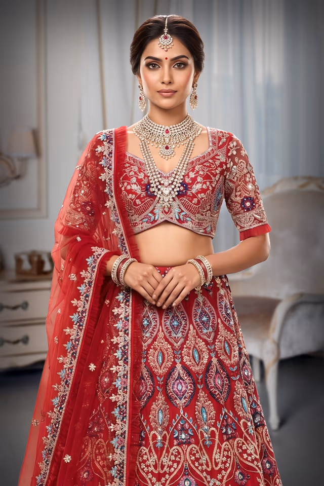 Red Embroidered Bridal Lehenga — rent in Coimbatore