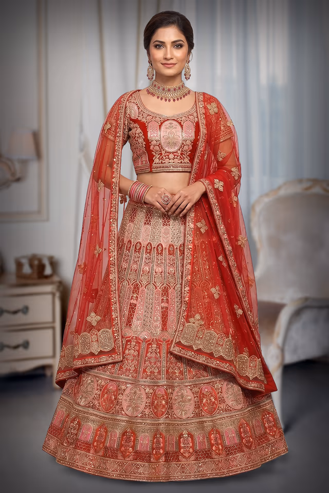Red Heavy Worked Bridal Lehenga With Magenta Pink Border Details And Double Dupatta — back view, rent in Bangalore