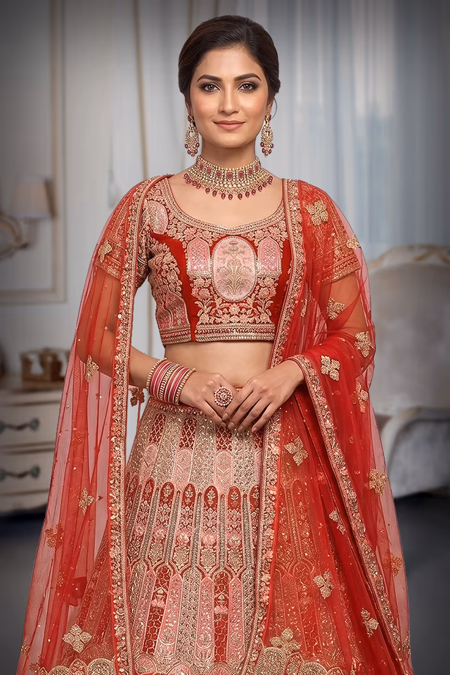 Red Heavy Worked Bridal Lehenga With Magenta Pink Border Details And Double Dupatta — rent in Bangalore