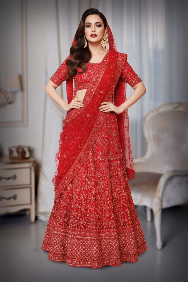 Crimson Red Heavy Embroidered Bridal Net Lehenga Choli with Matching Dupatta — back view, rent in Coimbatore