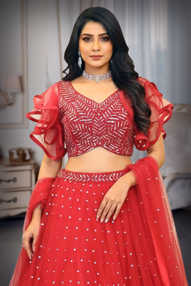 Rani Pink Pre Wedding Lehenga With Stone Work Detailed Skirt, Frill Sleeved Top And Same Color Dupatta — rent in Calicut