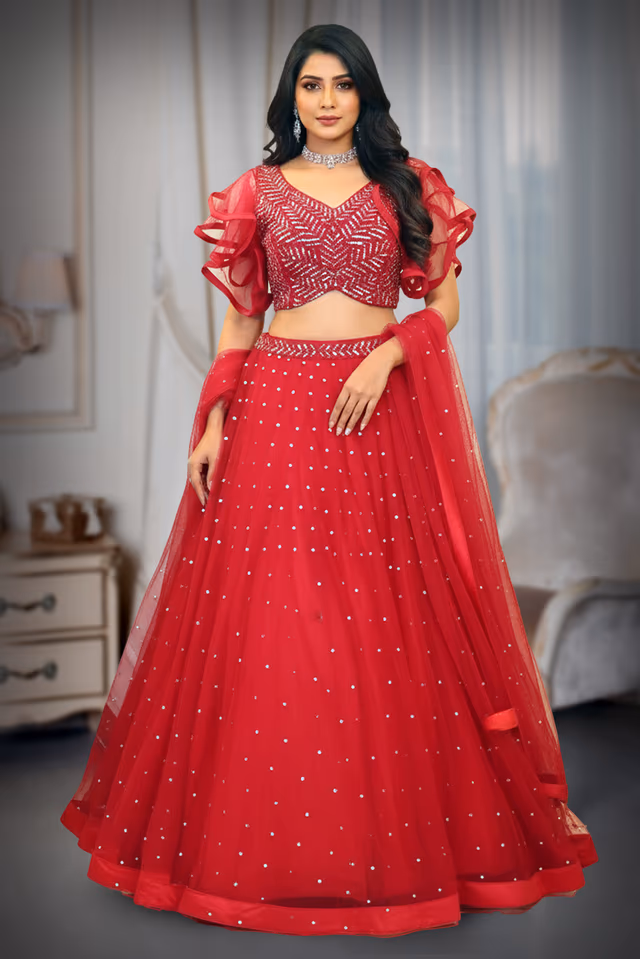 Rani Pink Pre Wedding Lehenga With Stone Work Detailed Skirt, Frill Sleeved Top And Same Color… — back view, rent in Calicut