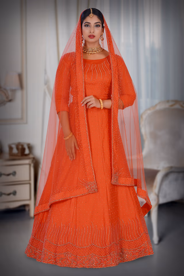 Reddish Peach Lehenga — back view, rent in Calicut