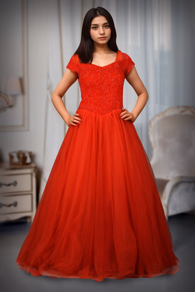 Red Ball Gown — back view, rent in Bangalore