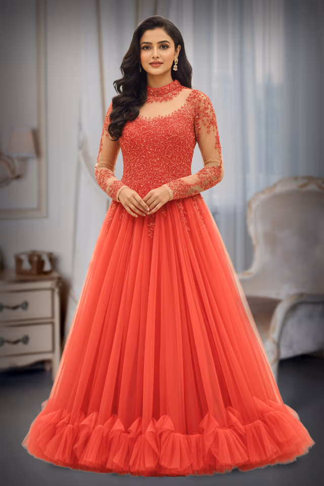 Bright Red Tulle Gown with Embroidered Illusion Bodice and Ruffled Hem — back view, rent in Kochi