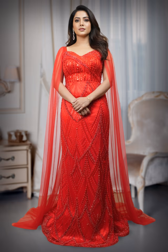 Scarlet Embellished Gown with Cascading Cape — back view, rent in Calicut