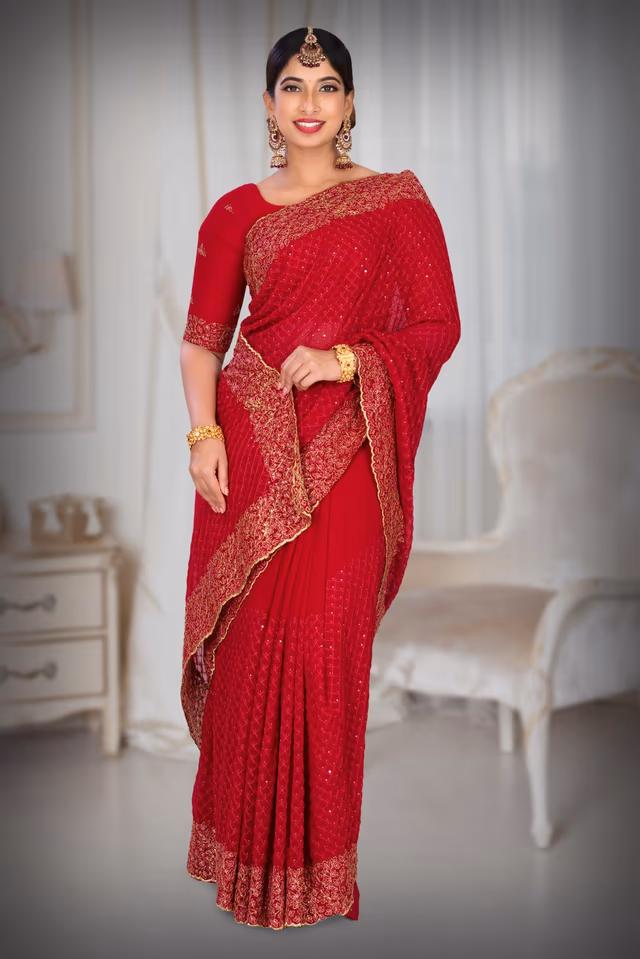 Dark Pink Georgette  Saree — back view, rent in Calicut