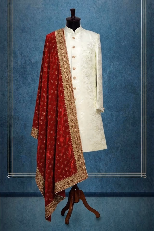 Red Threadwork Grooms Shawl — rent in Calicut