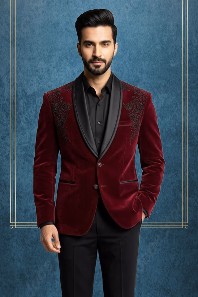 Red Velvet Groom Suit with Floral Sugar Bead Work and Black Detailing — back view, rent in Bangalore