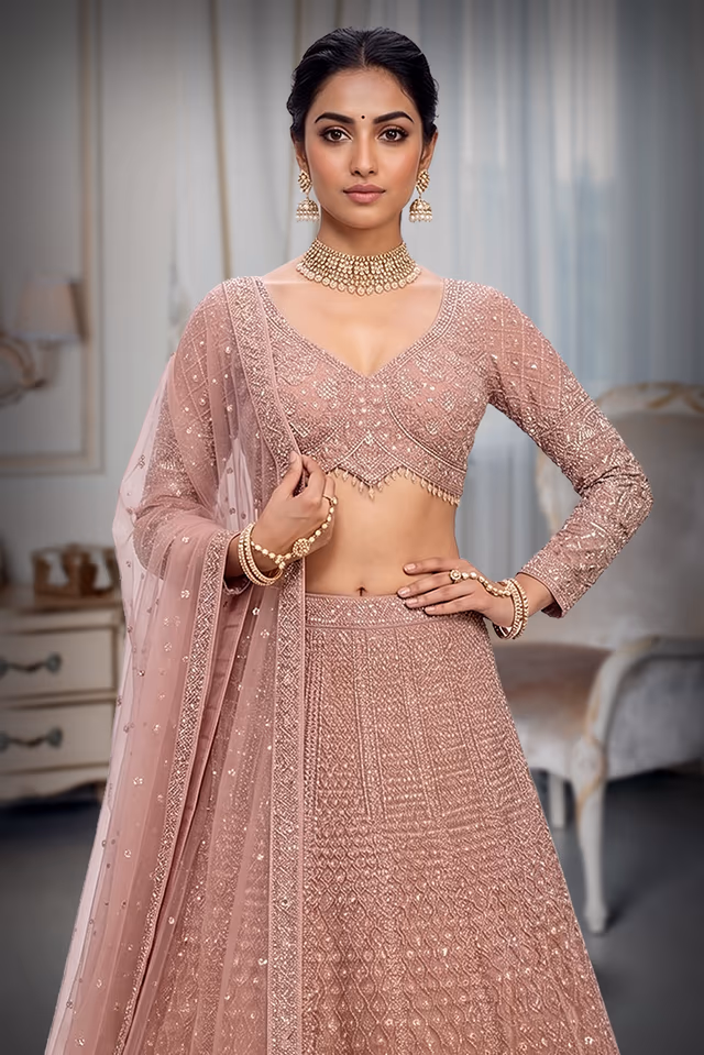 Regal Blush Pink Heavily Embellished Net Lehenga Choli with Gold Zari & Sequin Detail — rent in Kochi