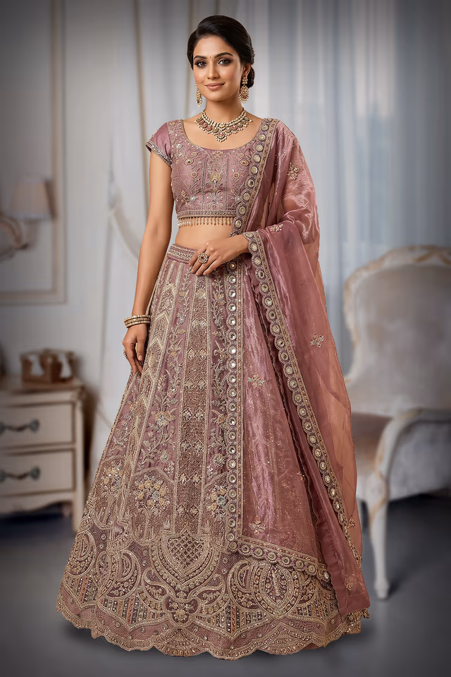 Regal Dusty Mauve Kalidar Lehenga Choli Set with Multicolour Resham and Zari Embroidery — rent in Ernakulam