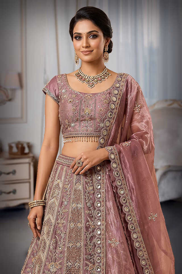 Regal Dusty Mauve Kalidar Lehenga Choli Set with Multicolour Resham and Zari Embroidery — back view, rent in Ernakulam
