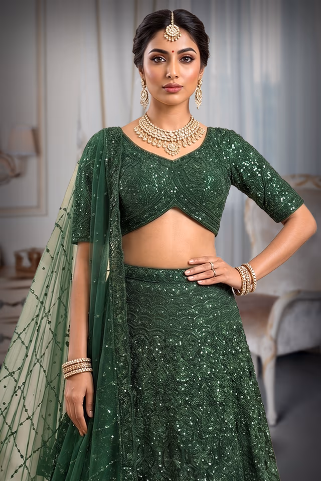 Regal Emerald Green Heavily Embellished Net Lehenga Choli with Concentric Sequin Motifs and Bead Fringe — rent in Kochi