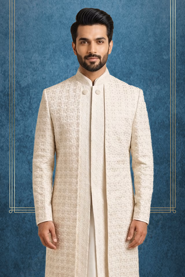 Regal Off-White Silk Sherwani Set with All-Over Chikankari Threadwork & Sequin Detailing — back view, rent in Kochi