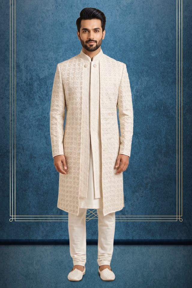 Regal Off-White Silk Sherwani Set with All-Over Chikankari Threadwork & Sequin Detailing — rent in Kochi