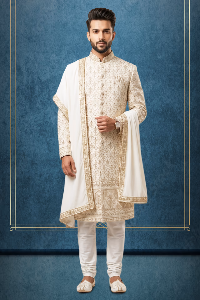 Regal Pearl Off-White Silk Sherwani with Gold Zardozi Arch Lattice & Floral Bootis — rent in Kochi