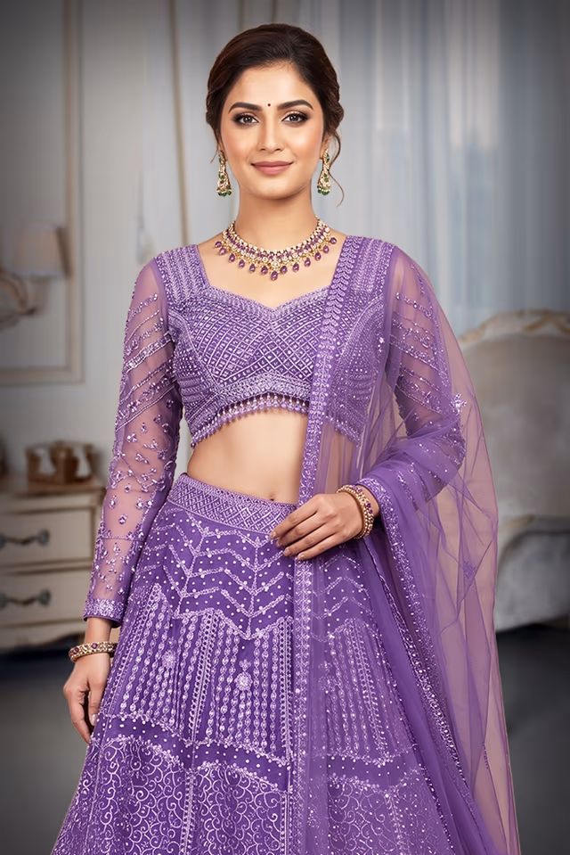 Regal Purple Net Lehenga With Stone Work Details And Raindrop Beads Detailing In Waist Line With Same… — rent in Calicut