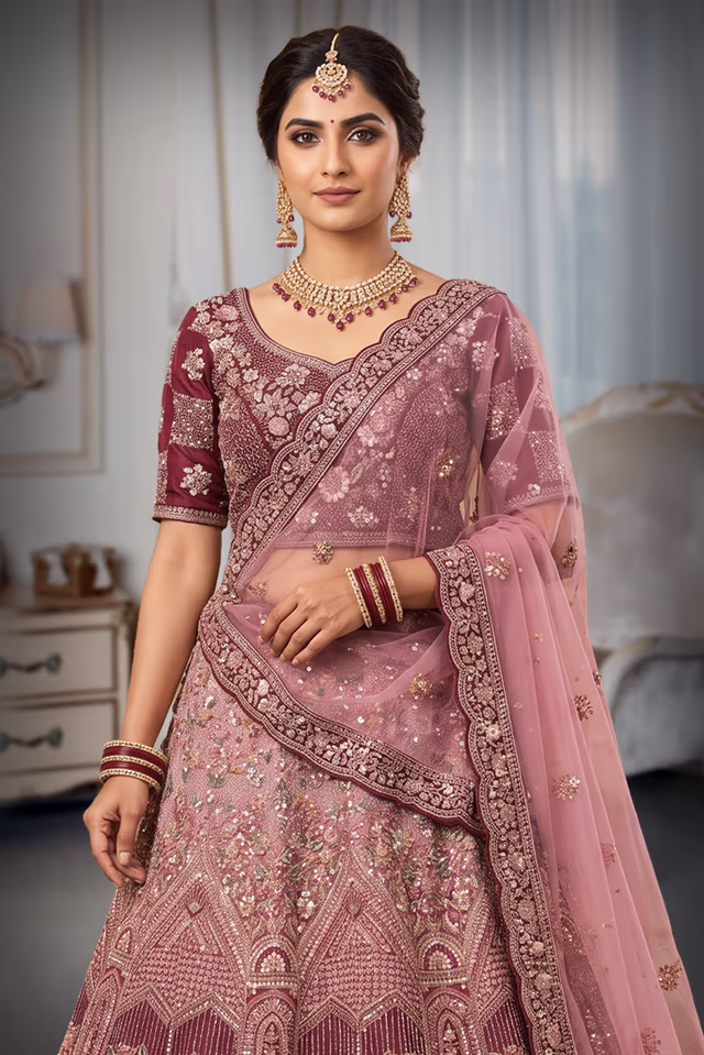 Rose Pink  Embroidered Bridal Lehenga — rent in Coimbatore